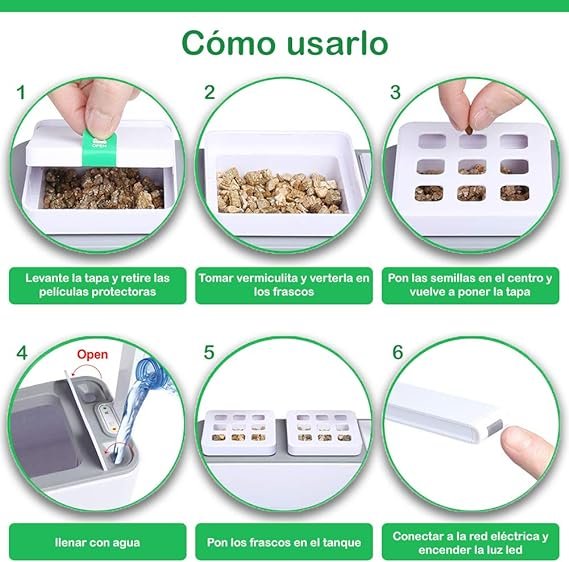 Explicación descriptiva en imagen de cómo montar y usar el kit hidropónico amzWOW Clizia SMart Garden 