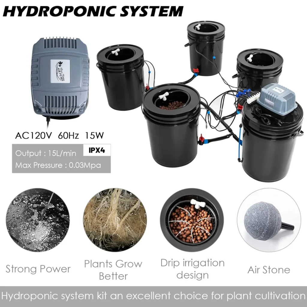 La Guía Completa y Definitiva del Sistema Hidropónico DWC WWahuayuan 🥬 4 SISTEMA HIDROPÓNICOAC120V 60Hz 15W
Salida: 15L/min
Presión Máxima: 0.03 Mpa
IPX4 (Protección contra salpicaduras de agua)
Componentes:Poderoso flujo de aire 🌬️: Garantiza un suministro constante de oxígeno a vuestras plantas.
Las plantas crecen mejor 🌱: El sistema promueve un crecimiento más rápido y saludable gracias a la constante oxigenación y nutrición.
Diseño de riego por goteo 💧: Asegura una hidratación eficiente durante las etapas iniciales del cultivo.
Piedra difusora de aire: Facilita la distribución uniforme de oxígeno en la solución nutritiva.
Este kit de sistema hidropónico es una excelente opción para el cultivo de plantas en casa.