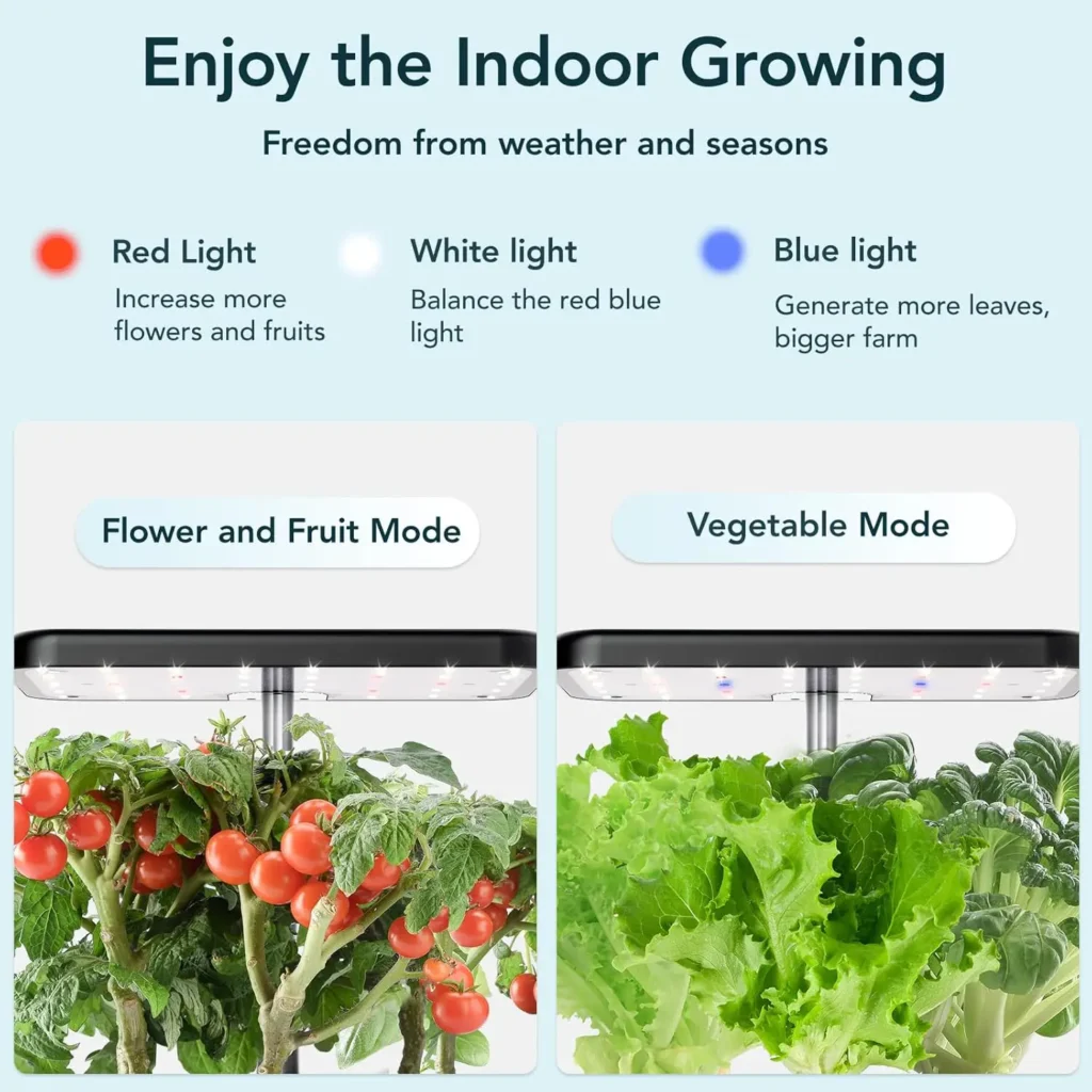 La Mejor Guía Completa del iDOO Sistema Hidropónico 5 Pots 5 2 Modos de luces para el iDOO Sistema Hidropónico de 5 macetas . Modo Flores y frutos para incrementarlos y modo vegetal para potenciar más hojas verdes.