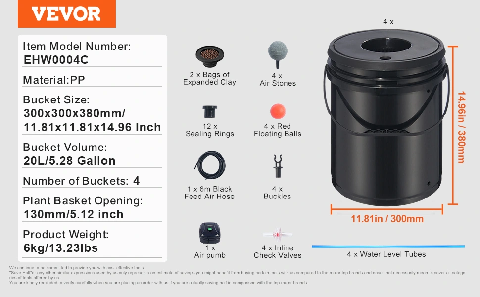 Componentes del Sistema Hidropónico DWC VEVOR de 4 cubos: 4 cubos de 20L, dimensiones de 30 cm x 30 cm x 38 cm, peso total de 6 kg, con 4 piedras de aire, 2 bolsas de arcilla expandida, 12 anillos de sellado, 4 bolas flotantes rojas, 1 manguera de 6 metros, 4 hebillas, 4 válvulas de retención para evitar que el agua retroceda por las mangueras de aire hacia la bombay 4 tubos de nivel de agua, junto con una bomba de aire.