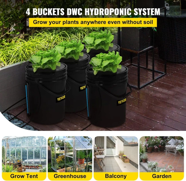 Sistema Hidropónico DWC VEVOR de 4 cubos utilizado en diferentes ubicaciones como tiendas de cultivo, invernaderos, balcones y jardines, Ideal para cultivar plantas sin necesidad de tierra.